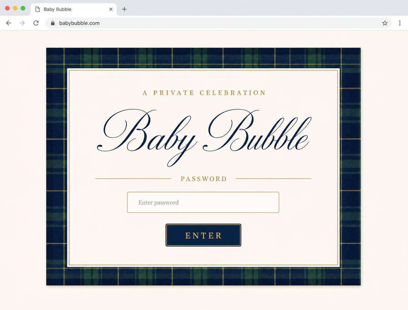 Password entrance of clarsbabybubble.online, a private baby shower site with a tartan-framed card and script wordmark