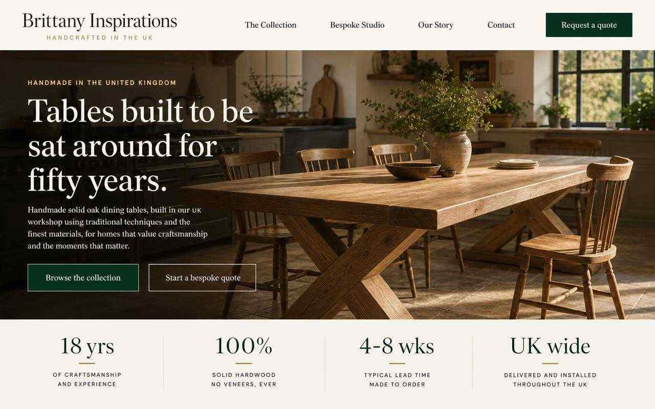 Homepage of brittanyinspirations.com, a UK handmade dining table workshop, with a sunlit country kitchen hero