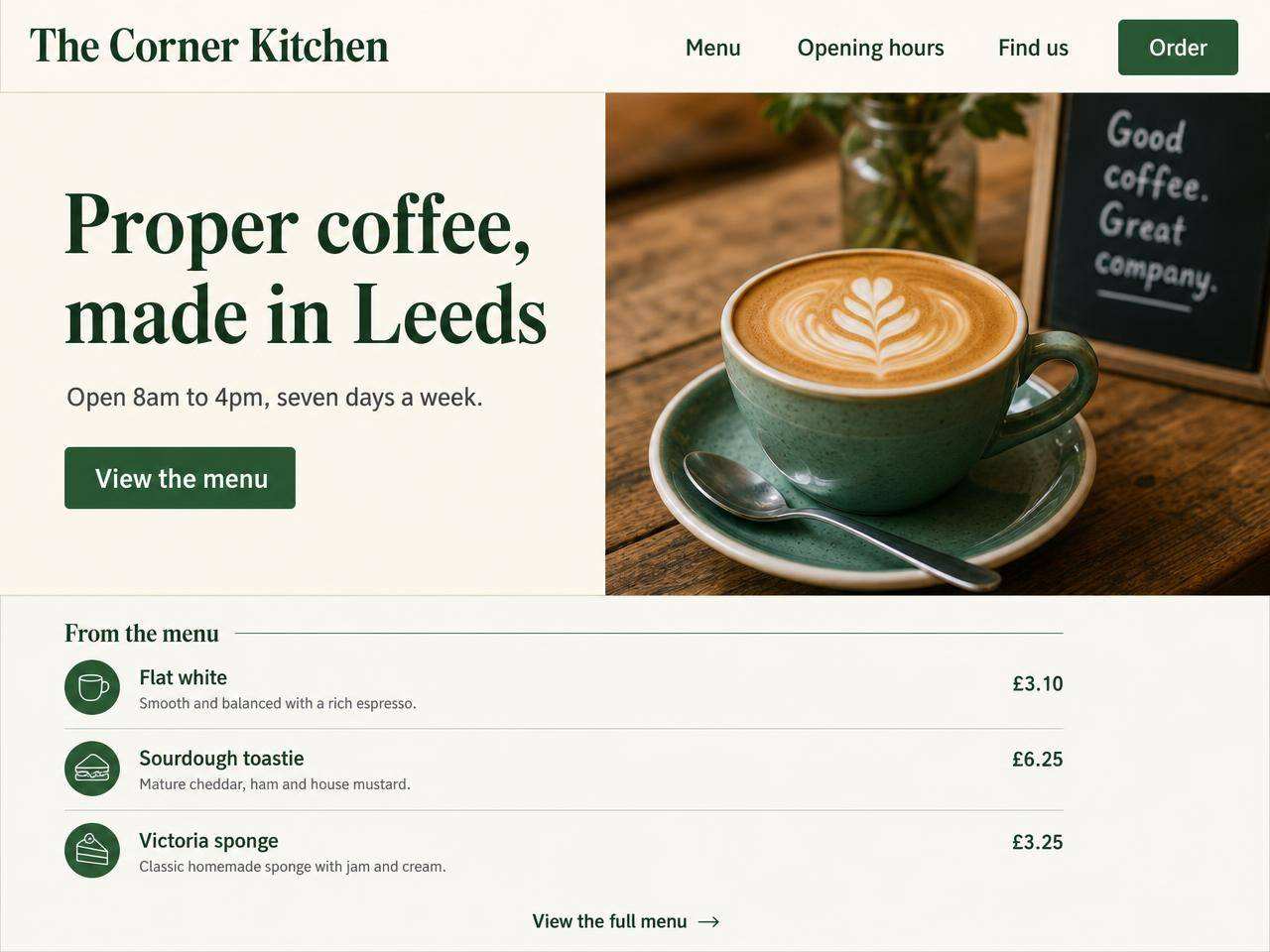 Website design for an independent Leeds coffee shop, showing opening hours, a latte photo and a priced menu list