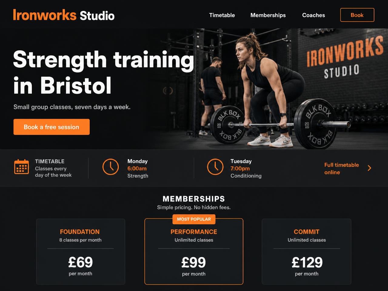 Website design for a Bristol strength training studio, showing a class timetable and three monthly membership prices on a dark layout
