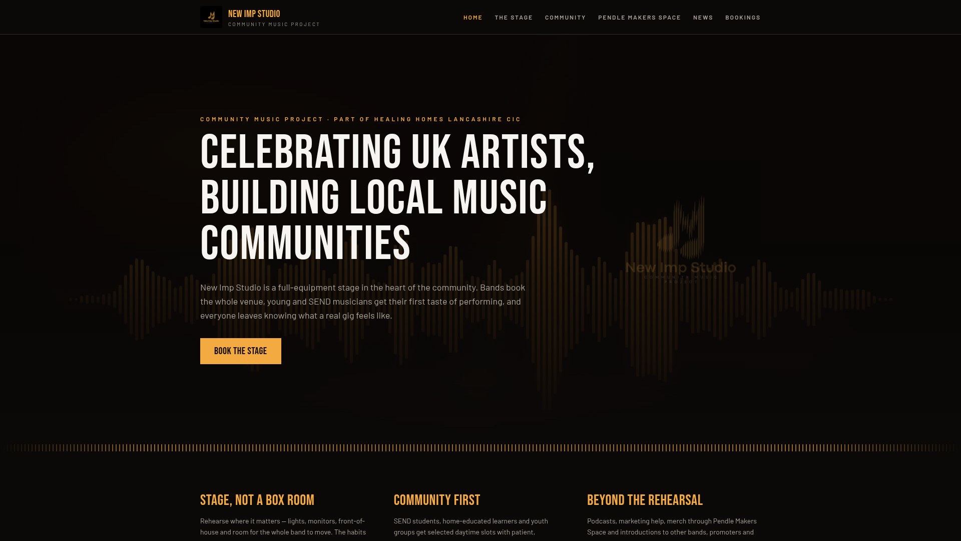 Homepage of newimpstudio.com, a Lancashire community music studio, with a dark hero reading Celebrating UK artists, building local music communities and a Book the stage button