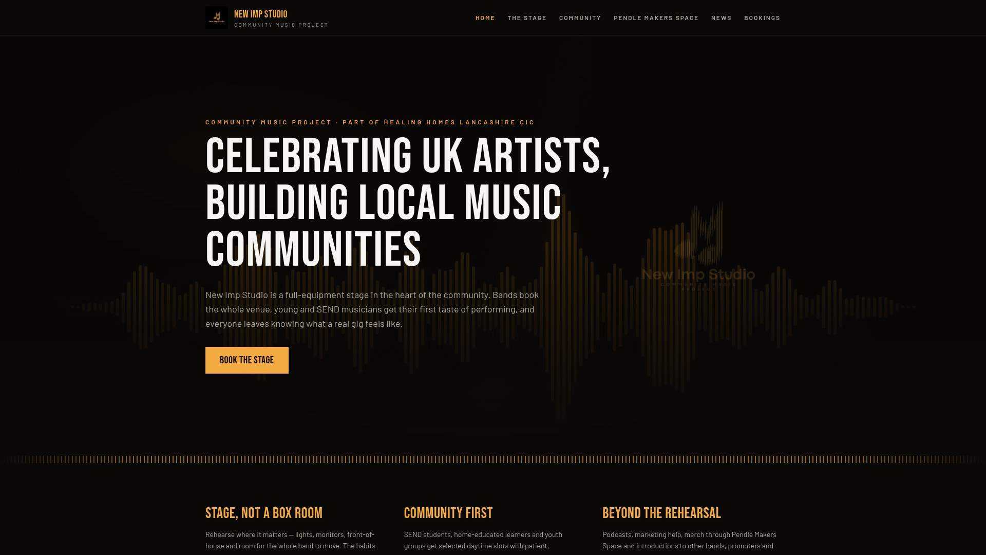 Homepage of newimpstudio.com, a Lancashire community music studio, with a dark hero and a Book the stage button