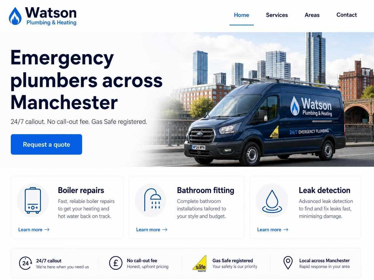 Website design for a Manchester plumbing and heating firm, with an emergency callout headline and service cards